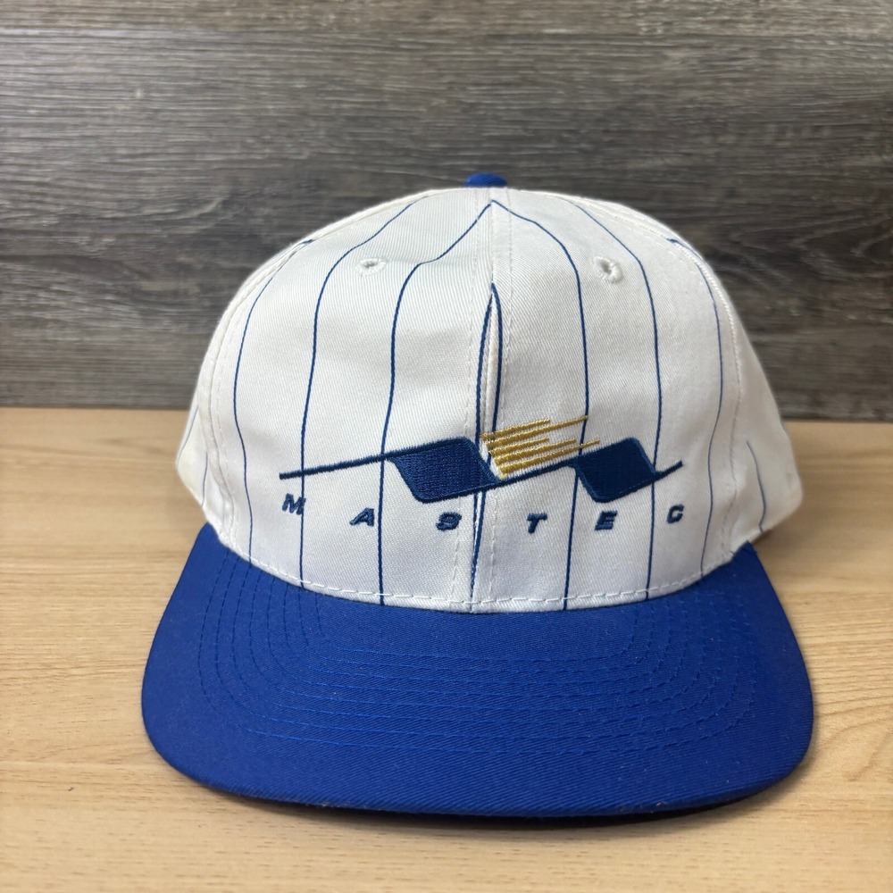 Vintage Mastec Hat Cap Snap Back White Blue Pin Stripe Adjustable